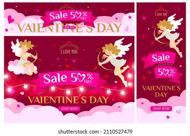 Valentine's Day Sale 50% Discount Poster or Banner with Many Hearts and Cute Cupids and a Glowing Garland on a Dark Red Background. Promotion and shopping template or background for love and valentine