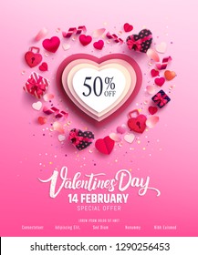 Valentine's Day Sale 50% Off Poster with sweet gift box,sweet heart and lovely items on pink background.Promotion and shopping template or background for Love and Valentine's day concept.Vector EPS10