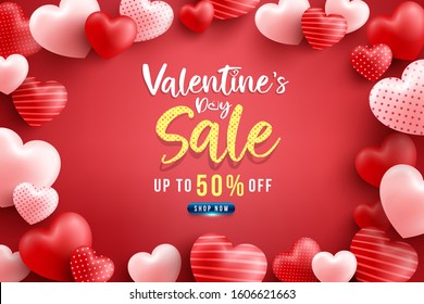 Valentine's Day Sale 50% off Poster or banner with many sweet hearts and on red background.Promotion and shopping template or background for Love and Valentine's day concept.Vector illustration eps 10
