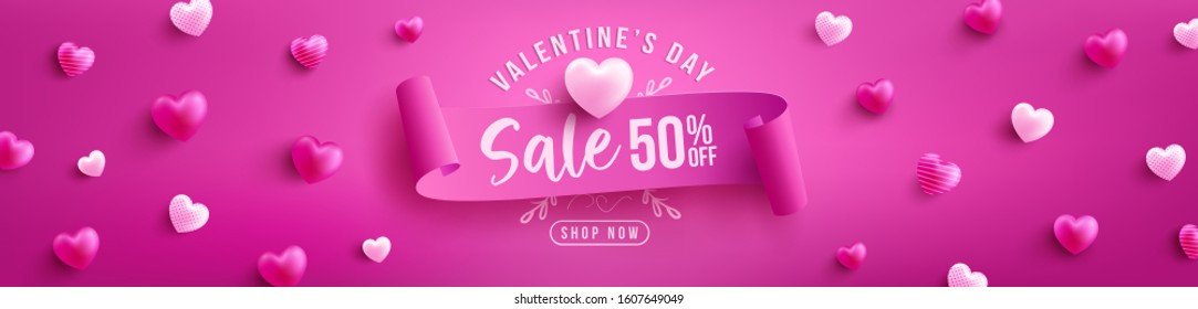 Valentine's Day Sale 50% off Poster or banner with sweet hearts and on pink background.Promotion and shopping template or background for Love and Valentine's day concept.Vector illustration eps 10