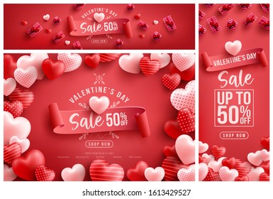 Valentine's Day Sale 50% off Poster or banner with many sweet hearts and sweet gifts on red background.Promotion and shopping template or background for Love and Valentine's day concept