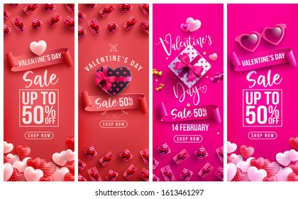 Valentine's Day Sale 50% off Poster or banner with many sweet hearts and sweet gifts on red background.Promotion and shopping template or background for Love and Valentine's day concept