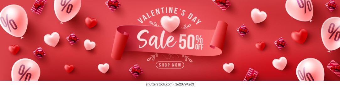 Valentine's Day Sale 50% off Poster or banner with sweet hearts and sweet gifts on red background.Promotion and shopping template or background for Love and Valentine's day concept