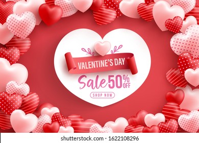 Valentine's Day Sale 50% off Poster or banner with many sweet hearts on red background.Promotion and shopping template or background for Love and Valentine's day concept