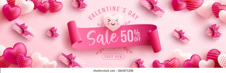 Venta del Día de San Valentín 50% fuera de Afiche o pancarta con corazones dulces y caja de regalo rosa sobre fondo rosado.Plantilla de promoción y compras o fondo para el concepto de Amor y Día de San Valentín.