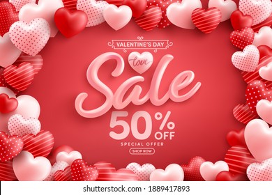 Valentine's Day Sale 50% off Poster or banner with many sweet hearts and on red background.Promotion and shopping template or background for Love and Valentine's day concept.