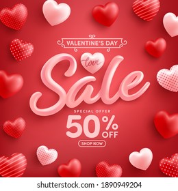 Valentine's Day Sale 50% off Poster or banner with sweet hearts on red background.Promotion and shopping template or background for Love and Valentine's day concept.