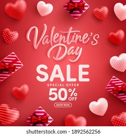 Valentine's Day Sale 50% off Poster or banner with many sweet hearts and gift box on red background.Promotion and shopping template or background for Love and Valentine's day concept.