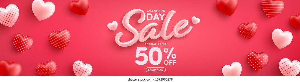 Valentine's Day Sale 50% off Poster or banner with sweet hearts on red background.Promotion and shopping template or background for Love and Valentine's day concept.