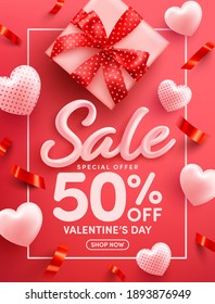 Valentine's Day Sale 50% off Poster or banner with sweet hearts and gift box on red background.Promotion and shopping template or background for Love and Valentine's day concept.