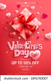 Valentine's Day Sale 50% off Poster or banner with cute gift box and sweet hearts on red background.Promotion and shopping template or background for Love and Valentine's day concept.