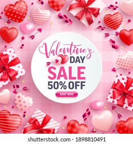 Valentine's Day Sale 50% off Poster or banner with cute gift box,sweet hearts and valentine elements on pink background.Promotion and shopping template for Love and Valentine's day concept.