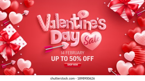 Valentine's Day Sale 50% off Poster or banner with cute gift box and sweet hearts on red background.Promotion and shopping template or background for Love and Valentine's day concept.