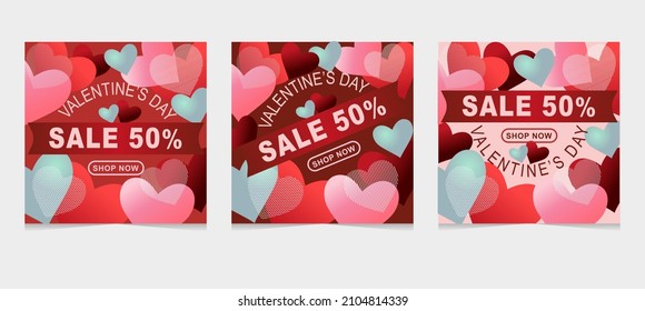 Valentine's Day Sale 50% off Poster or banner with many sweet hearts and on red background. Promotion and shopping template or background for Love and Valentine's day concept. Vector illustration eps