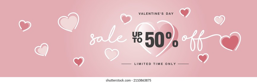 Valentine's Day Sale up to 50 % off handwritten typography lettering line design with many sweet pink hearts Promotion shopping template for Love and Valentine's Day concept