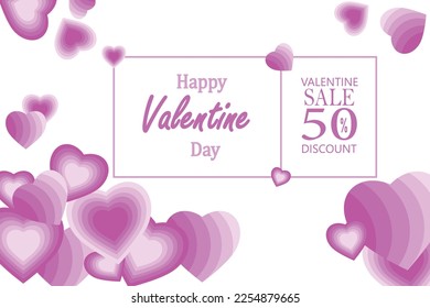 Valentine's day sale 50% off banner with many sweet hearts on white background. Promotion and shopping template banner for love and Valentine's day