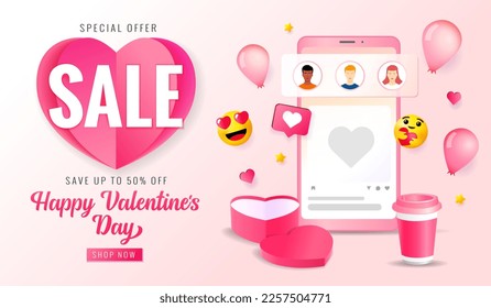 Valentines day Sale 50% off, social media web banner. Happy Valentine's Day special offer, online promotion with icons, coffee cup and heart shape gift box. Vector illustration