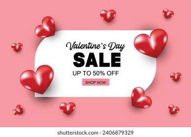 Valentine's Day Sale 50% off Poster or banner with 3d paper heart  on pink background