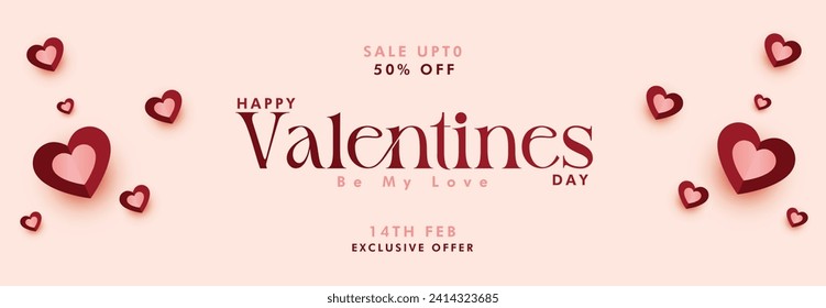 Valentine's Day Sale 50% off Poster or banner with  hearts and on light pink background. Promotion and shopping template or background for Love and Valentine's day concept. Vector luxury Banner