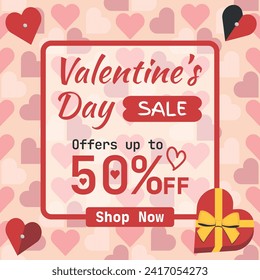 Valentine's Day Sale, up to 50% off. Logo and Number Discount on Red Hearts Background. Shop Now.