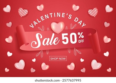 Valentine's Day Sale 50% off Poster or banner with sweet hearts and on red background. Promotion and shopping template or background for Love and Valentine's day concept. Vector illustration