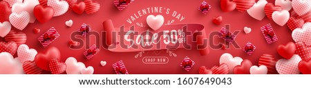 Valentine's Day Sale 50% off Poster or banner with many sweet hearts and on red background.Promotion and shopping template or background for Love and Valentine's day concept.Vector illustration eps 10