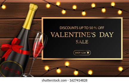 Valentine's day sale, up to 50% off,horizontal banner with a yellow garland,a bottle with a red bow, a stemware with hearts and a gold frame with inscriptions on a wooden background, vector illustrati