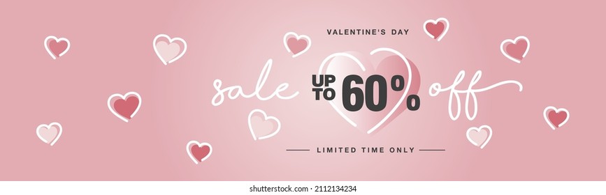 Valentine's Day Sale up to 60 percent off handwritten typography lettering line design with many sweet pink hearts Promotion shopping template for Love and Valentine's Day concept