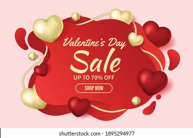 Valentine's day sale 70% off poster or banner. Valentine's day sale background with abstract shapes. Red background with realistic 3D red and gold hearts.