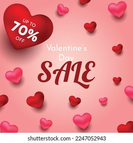 Valentine's day sale up to 70% off vector banner and Instagram post. Sale discount text for Valentine's day shopping promotion with hearts elements. 