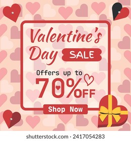 Valentine's Day Sale, up to 70% off. Logo and Number Discount on Red Hearts Background. Shop Now.