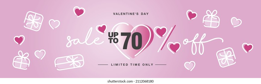Valentine's Day Sale up to 70 percent off handwritten typography lettering line design with many sweet pink hearts and gift boxes Promotion shopping template for Love and Valentine's Day concept