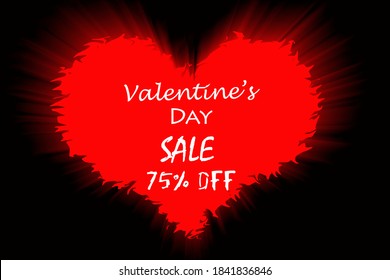 Valentine's day sale 75% off discount banner poster in brilliant red hart back ground with black background  