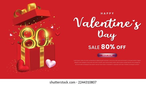 Valentines day sale 80 percent off promotion or shopping template with gift box and 3d number