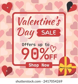 Valentine's Day Sale, up to 90% off. Logo and Number Discount on Red Hearts Background. Shop Now.