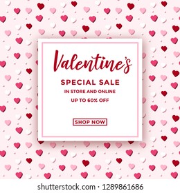 Valentine's day sale ad design with colorful pastel heart pattern in the background - seamless pattern