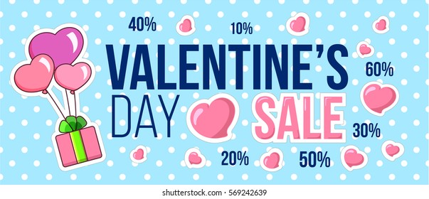 Valentine's day sale ad. Hearts on polka dot background. Vector illustration. Romantic shopping design with gifts and hearts
