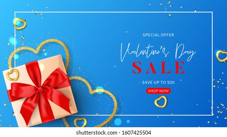 Valentine's Day sale ads banner template. Vector illustration with realistic gift box, gold hearts and confetti on blue background. Promotion discount banner.