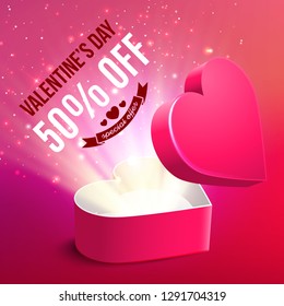 Valentine's Day sale advertisement banner, open heart shaped gift box, vector illustration