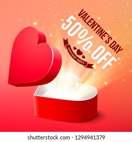 Valentine's Day sale advertisement banner, open heart shaped gift box, vector illustration