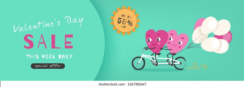 Valentines Day Sale, Advertising Banner with funny cartoon hearts. Horizontal holiday template for Valentine's Day discounts, promotions, sales. Vector illustration
