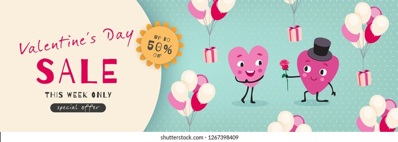Valentines Day Sale, Advertising Banner with funny cartoon hearts. Horizontal holiday template for Valentine's Day discounts, promotions, sales. Vector illustration