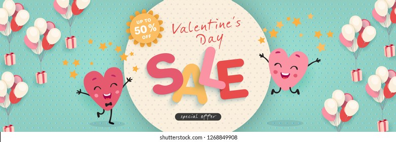 Valentines Day Sale, Advertising Banner with funny cartoon hearts. Horizontal holiday template for Valentine's Day discounts, promotions, sales. Vector illustration