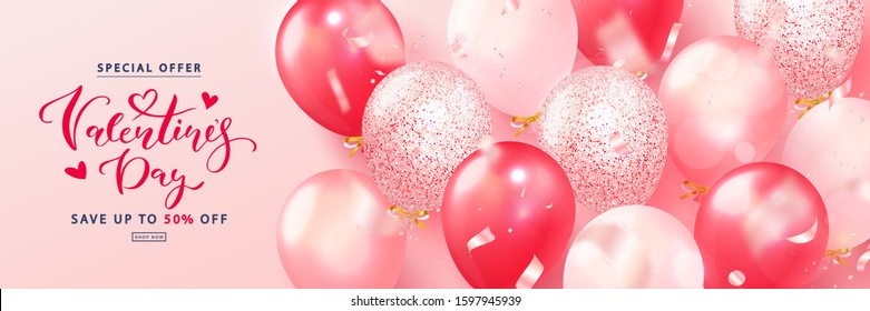 Valentine's Day sale advertising banner. Festive background with flying balloons and serpentine. Vector illustration for promotional materials, brochures, posters, website, advertising and other.