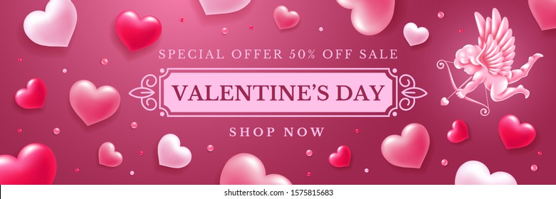 Valentines day sale announcement. Advertising banner or poster template. Realistic figure of cupid with bow and arrows, aiming in hearts. Vector illustration.