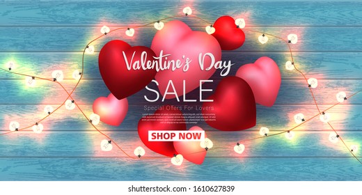 Valentine's day sale background, 14 February, 3D flying red hearts