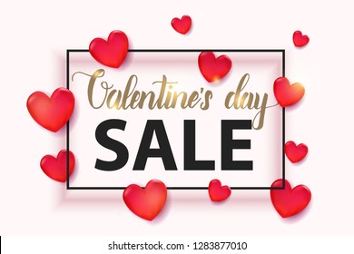 Valentines day Sale background with 3d red heart and frame. Happy Valentine's Day.  Banner, flyer, brochure. Advertising
