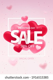 Valentines day sale background. 3D hearts on white banner with confetti. Valentines day discount sale banner design.
