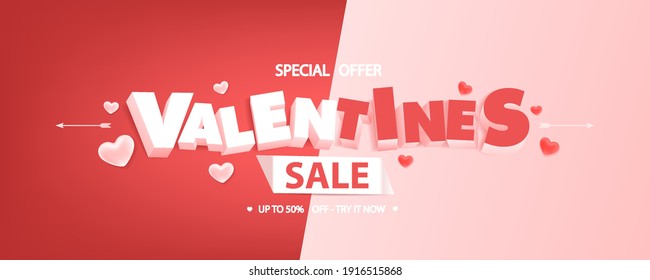 Valentines day sale background. 3D letters with hearts on divided background. Valentines day discount sale banner design.