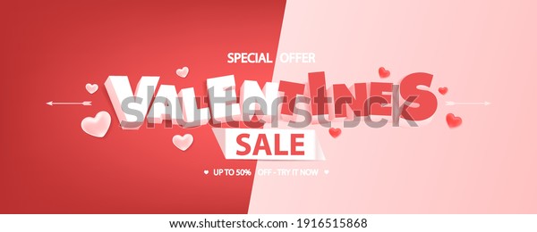 Valentines\
day sale background. 3D letters with hearts on divided background.\
Valentines day discount sale banner\
design.